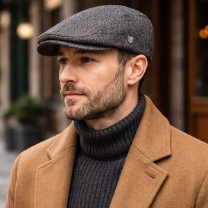 Brixton Hooligan Flat Cap Gray Herringbone Wool Blend Size M 7 1/4